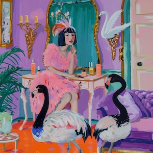 Powder Room Ideas Whimsical Pink and Purple Poster Glamorous Makeup Room Decor, Original Artwork, Vanity Print Woman Wall Art, Exotic Birds