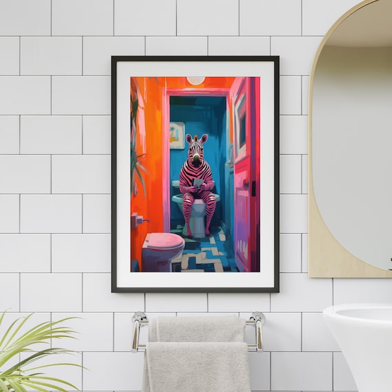Animal Toilet Decor, Bathroom Wall Art, Zebra Poster, Dopamine Decor, Maximalist Bathroom Wall Art, Trendy Decor, Pink Kitsch Aesthetic