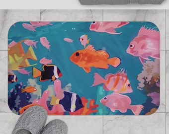 Tappetino da bagno con pesci tropicali, tappeto da bagno con oceano colorato, decorazione subacquea, tappeto con vita marina, tappeto da doccia con animali marini, tappeto antiscivolo a tema spiaggia