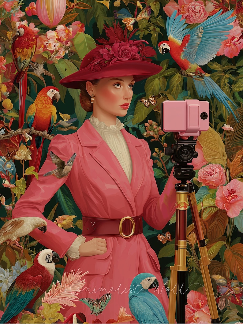 The Birdwatcher, Dopamine Decor, Fine Art Print, Maximalist Wall Art, Whimsical Art Print, Bird Art, Collection of Birds, Eclectic Wall Art 画像 1