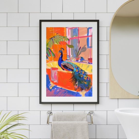 Peacock in Bath Print, Maximalist Bathroom Wall Art, Kitsch Decor