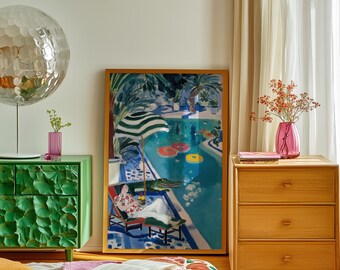Maximalist Poolside Crocodile Scene Art Print: Vibrant Tropical Wall Decor (Fine Art Paper)