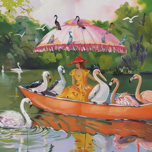 Wasservögel - Vogelliebhaber Leinwanddruck, Boot Druck, Flamingo Leinwanddruck, Minimalistisches Druckebild, Elegante Seelandschaftskunst