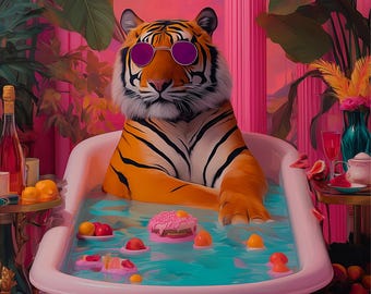 Funny Tiger Bathroom Art Print, Colorful Animal Wall Decor, Whimsical Jungle Bath Poster
