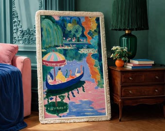 Matisse Style Flamingo Boat Scene Poster, Colorful Lake Painting Print, Decorative Maximalist Wall Art