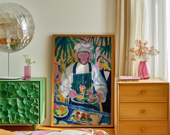 Maximalist Monkey Chef Print, Matisse Style Bold Tropical Scene Wall Art (Fine Art Paper)