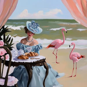 Arte elegante para una fiesta de té en la playa / Impresión de una dama francesa y flamencos / Decoración costera maximalista / Arte mural vintage glamuroso / Póster costero caprichoso
