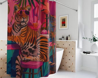 Tropischer Tiger Duschvorhang, Tier Badezimmer Dekor, cooler Dschungel Tiger Vorhang, Funky Maximalist Duschvorhang, Dopamin Badezimmer Kunst