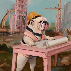 Puede incluir: Una pintura caprichosa de un bulldog con un casco amarillo y un chaleco de construcción, de pie en una mesa rosa con planos. El fondo presenta grúas y un edificio en construcción. La obra está firmada "Maximalist Wall".