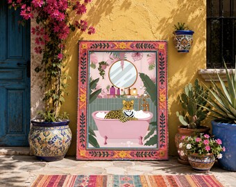 Neutral Leopard in Bathtub Art Print, Maximalist Bathroom Decor Art Print, Modern Wall Poster