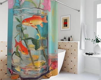 Goldfish Shower Curtain, Dopamine Bathroom Decor, Maximalist Pink Bath Curtain, Kitsch Aesthetic Shower Curtain, Preppy Bathroom Art