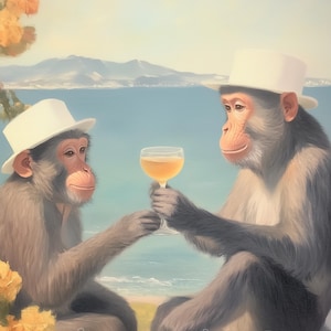 Aap cocktailprint retro barwagen esthetiek decor schattig appartement muurkunst cocktailprint eigenzinnig huisbar decor speelse barwagen poster