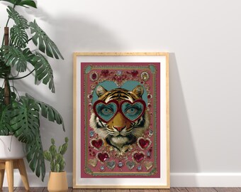 Whimsical Tiger Art Print, Sacred Heart, Maximalist Decor