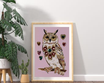 Sacred Heart Owl Art Print: Whimsical Jewel Decor, Maximalist Boho Style