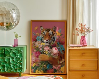 Tiger Floral Art Print, Maximalist Animal Portrait Wall Art