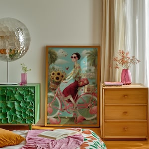 Floral Fahrrad Original Kunstdruck, wunderliche Natur Szene, französische Leinwand Kunst, Boho Dekor, Giclée, Dame mit Vögeln, charmantes Wohndekor