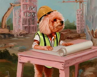 Poodle Builder Art Print, Funny Dog Construction Poster