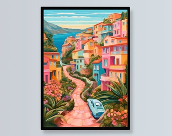 Vibrant Mediterranean Coastal Village Print - Colorful Whimsical Wall Art with Iconic Architecture and Tropical Landscapes