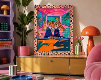 Póster de autobús de safari con temática de tigres, lámina de arte animal a todo color.