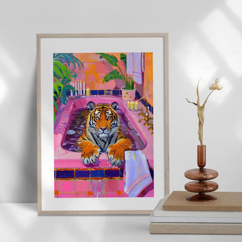 Tiger in Pink Bathtube Bathroom Wall Art, Pink Bathroom Decor, Kitsch