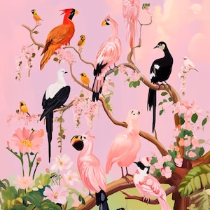Arte mural de colección de aves, impresión de póster de aves, impresión de galería de aves, arte de ilustración de aves, decoración de aves, arte de la selva de aves, póster de naturaleza de aves