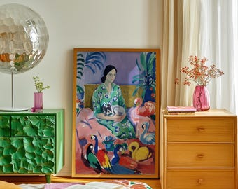 Colorful Woman With Dog Poster, Exotic Bird Scene Print, Decorative Portrait Wall Art