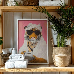 Tiger in Robe Wall Art, Funny Coffee Tiger Print, Luxurious Animal Portrait, Whimsical Tiger Decor, Maximalist Feline Artwork, Tiger Poster