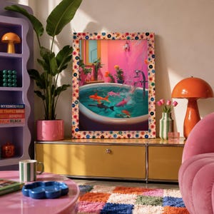 Colorful Fish Bathtub Poster, Pink Maximalist Bathroom Wall Art