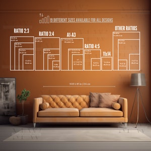 Puede incluir: Un gr&aacute;fico que muestra 19 tama&ntilde;os diferentes disponibles para impresiones de arte de pared en varias proporciones, incluyendo 2:3, 3:4, 4:5 y 11x14. El gr&aacute;fico tambi&eacute;n incluye un sof&aacute; como referencia de tama&ntilde;o, que tiene 85 pulgadas de largo. El gr&aacute;fico est&aacute; en una pared marr&oacute;n.