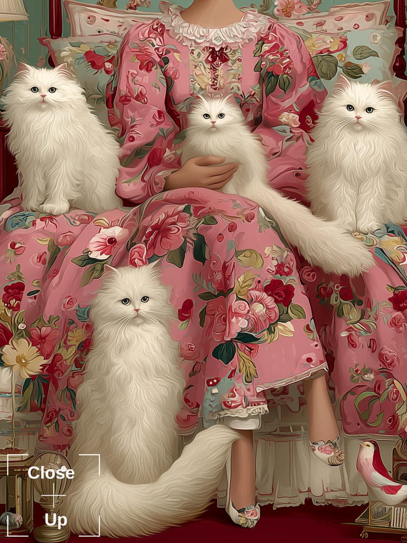 以下が含まれることがあります： ピンクの花柄のドレスを着た人物と、4匹の白い猫が描かれたデジタルイラスト。猫は青い目をし、長い毛並みです。ドレスはハイネックで、大きな赤いバラと緑の葉で飾られています。シーンは室内で、花柄のテーマです。