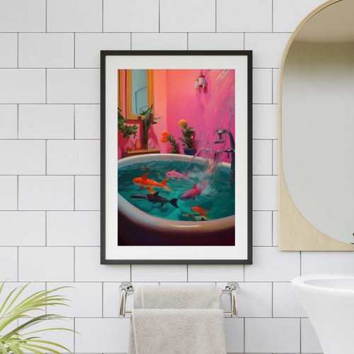 Pink Bathroom Shark Print, Maximalist Kitsch Wall Art