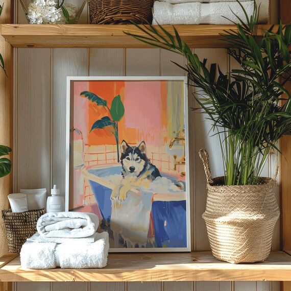 Funny Siberian Husky Bathroom Art, Maximalist Dog Wall Print, Quirky Dog Mom Gift, Trendy Pet Bathroom Decor, Husky Painting Poster