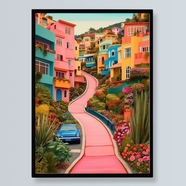 Colorful Mexican Painting - Maximalist Art Vibrant Colorful Houses Illustration - Colorful Mexican Street Scene Art Print Dopamine Decor