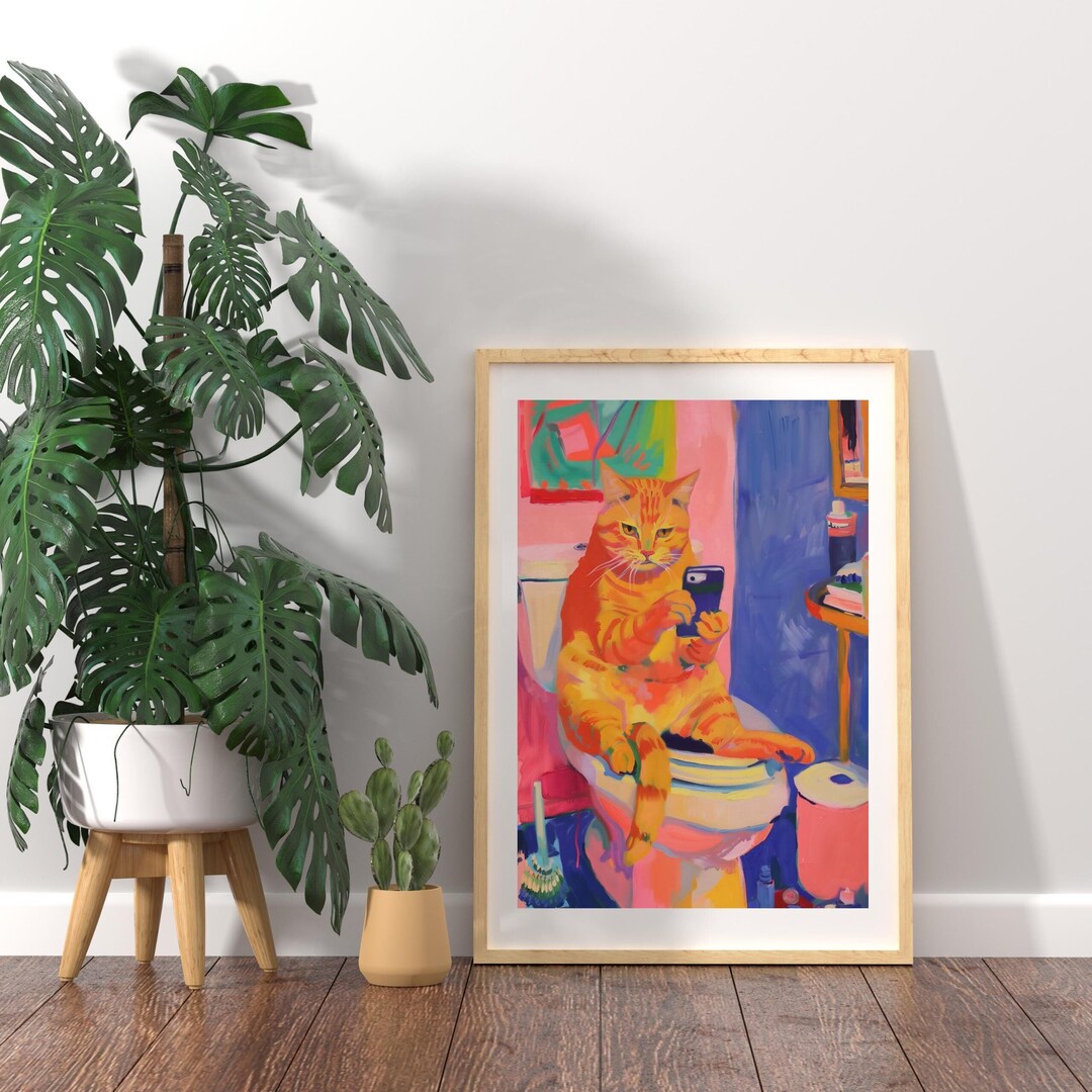 Maximalist Cat Wall Art, Cat in Bathroom Print, Humorous Cat Art ...
