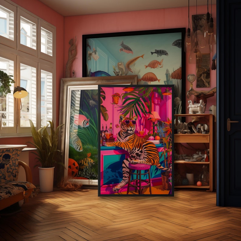 May include: A framed print of a tiger sitting on a bar stool in a tropical setting. The tiger is wearing a pink collar and has a pink drink in its paw. The background is a pink and green tropical scene with palm trees and flowers.