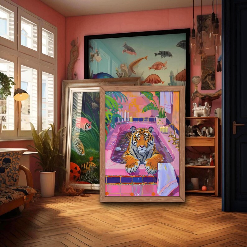 Tiger in Pink Bathtube Bathroom Wall Art, Pink Bathroom Decor, Kitsch