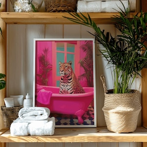 Jaguar in Pink Bathtub Art Print, Kitsch Bathroom Decor