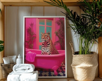 Jaguar in Pink Bathtub Art Print, Kitsch Bathroom Decor