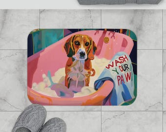 Dog in Tub Bath Mat, Cute Dog Bathroom Rug, Microfiber Shower Mat