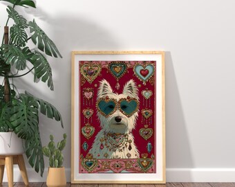 White Dog Heart Sunglasses Poster: Maximalist Romantic Wall Art