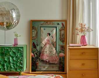 Lady with Birds Wall Art Whimsical Staircase Scene Print, Maximalist Elegant Vintage Painting, Flamingo and Parrot Poster, Dreamy Home Decor