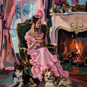 Vintage French Fine Art Print, Elegant Woman with Dogs, Romantic Fireplace Scene, Victorian Inspired Wall Art, Luxurious Pink Dress Decor