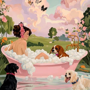 The Bubble Bath - Fine Art Print, Whimsical Wall Art, Dog Art, Giclée Print, Playful Fun Art, Giclee Print, Whimsical Woman with Dogs Art