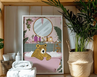 Funny Bear Bath Art Print, Whimsical Bathroom Poster