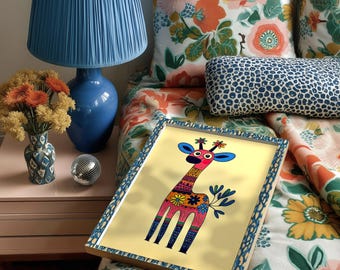 Neutral Colorful Giraffe Art Print, Whimsical Nursery Decor, Boho Style Art Print, Modern Wall Poster