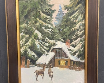 Vintage Deer Painting, Cabin And Snow Picture, Farmhouse Decor, Framed Art, Winter Scene, Nature Collectible, Portrait, Rustic,