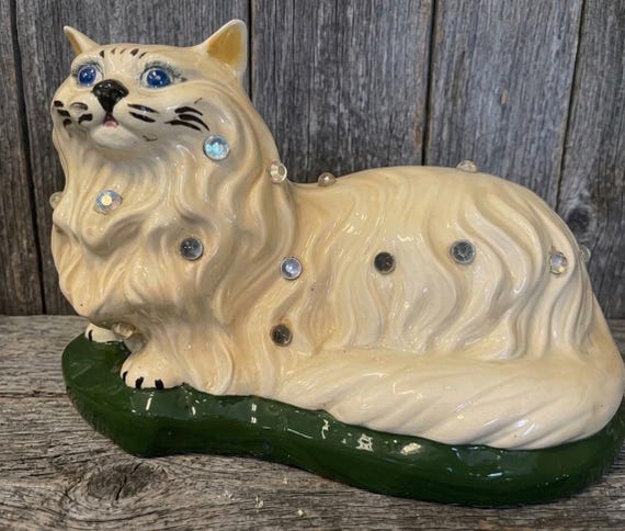 Vintage Mid Century Ceramic Persian Cat TV Lamp • Retro Flashing