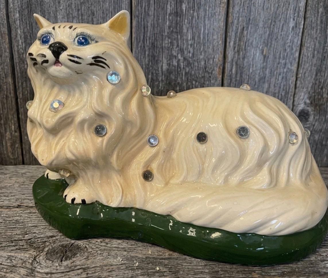 Vintage Mid Century Ceramic Persian Cat TV Lamp • Retro Flashing