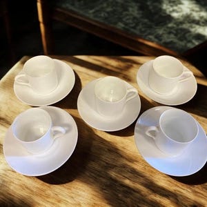 Vintage OMC Japan Tea Cups and Saucers,White Porcelain Cup and Saucer,Set of Five, Collectible Dishes,Drinkware, Coffee and Tea Bar Decor