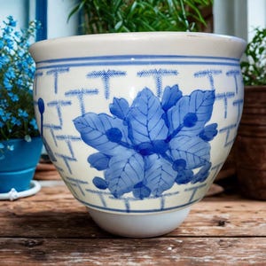 Vintage Chinese Blue and White Floral Planter: Koi Fish Bowl
